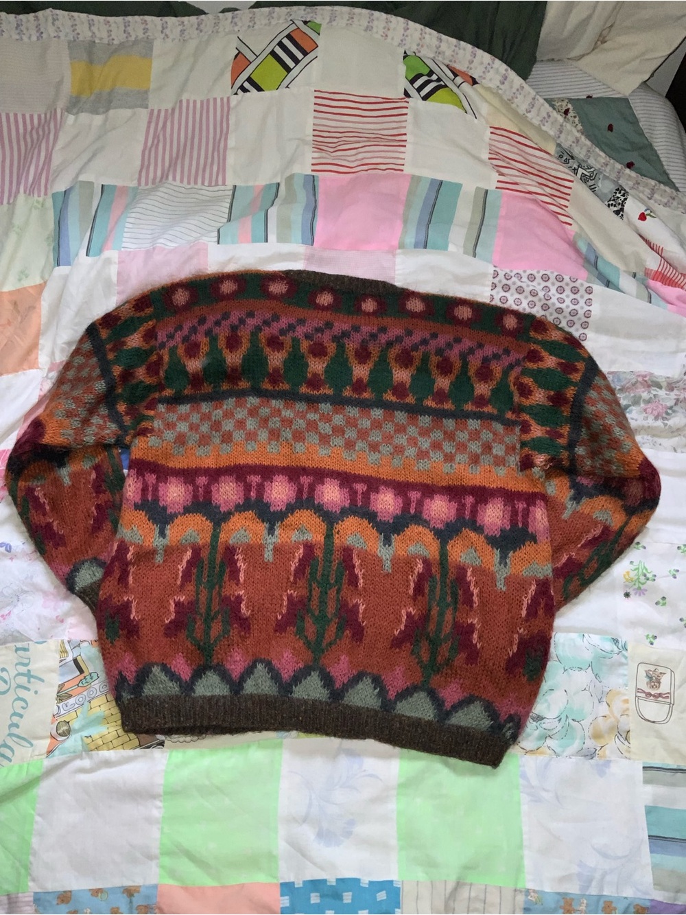 vintage‎ 1990 susan bristol mohair wool hand knit sweater cardigan colour work L - Picture 7 of 9